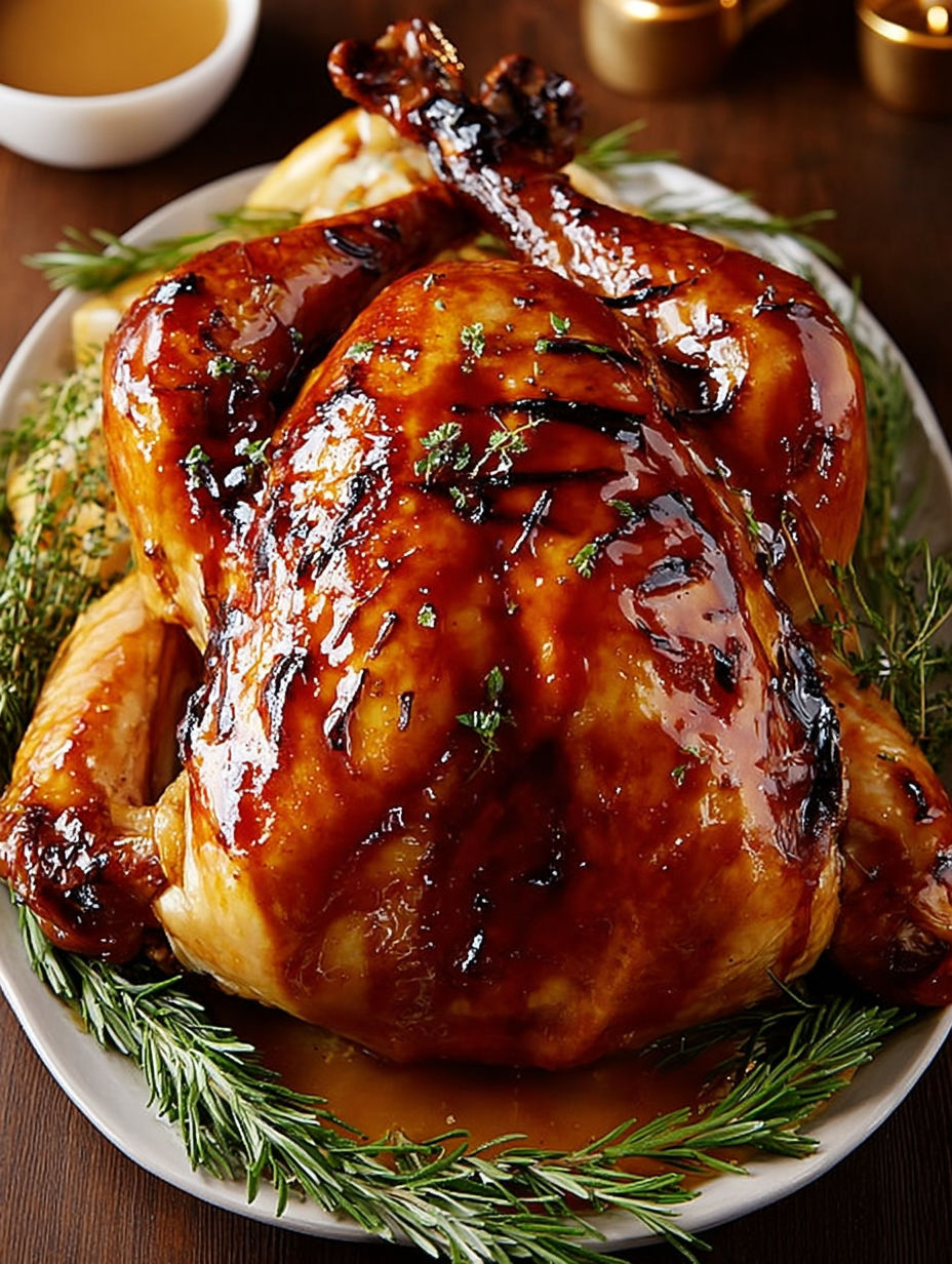 A roasted chicken with a glaze on top.