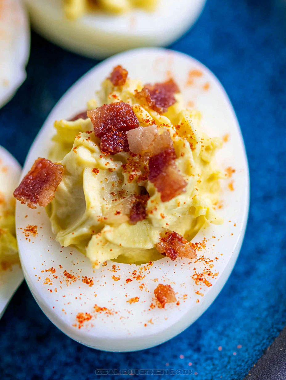 A recipe for deviled eggs with bacon.