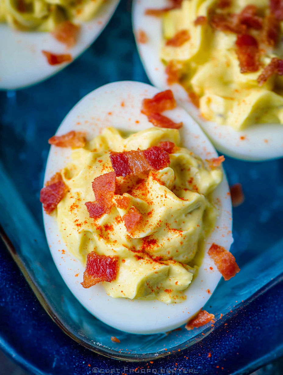 Bacon and cheese on top of eggs.