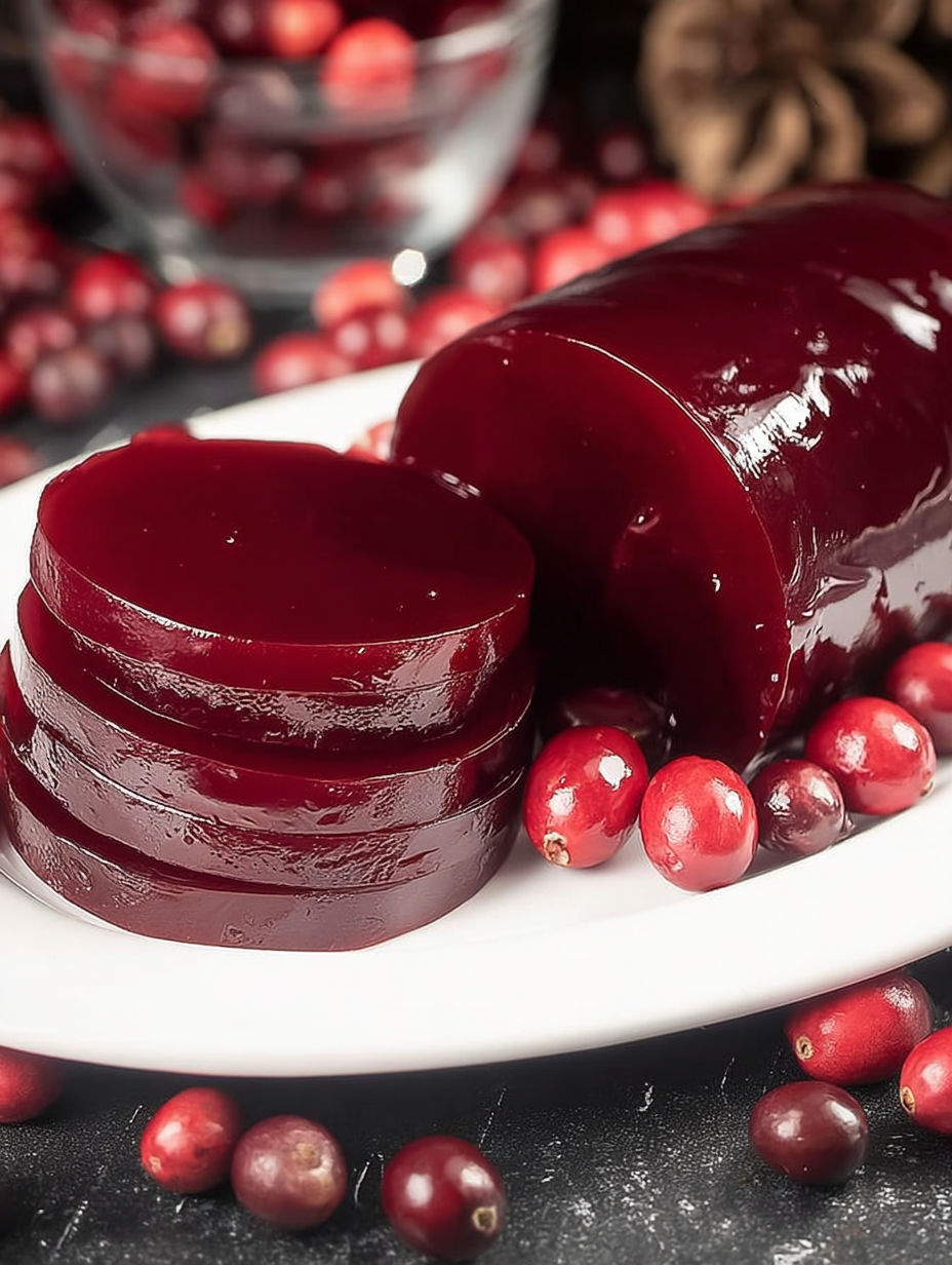 A plate of food with a red jelly.