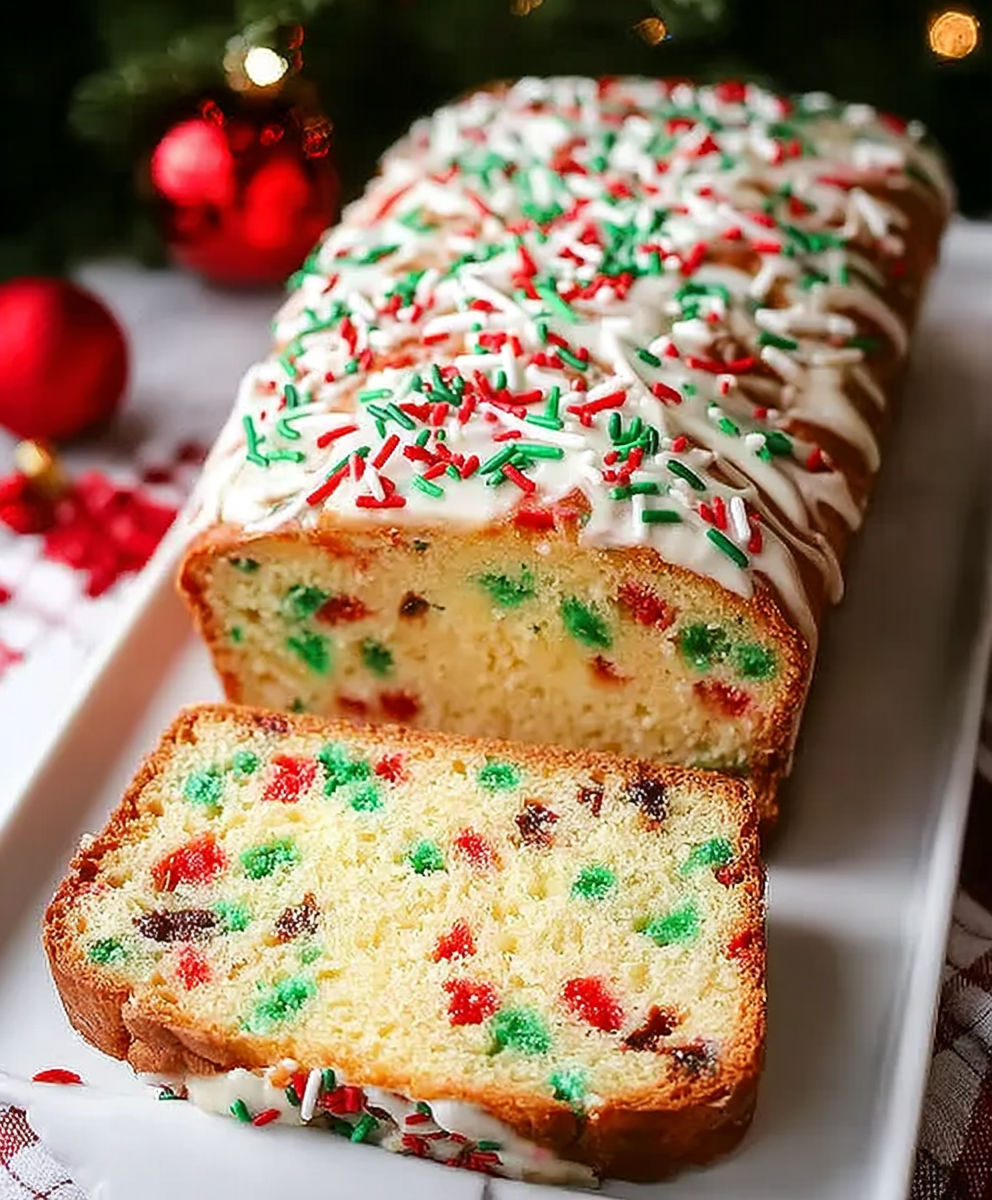 A cake with white frosting and red and green sprinkles.