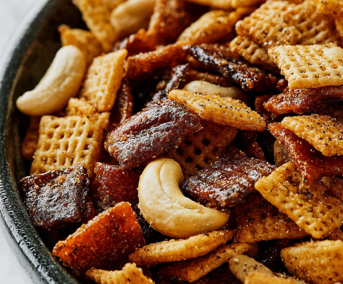 A bowl of chips with nuts and raisins.
