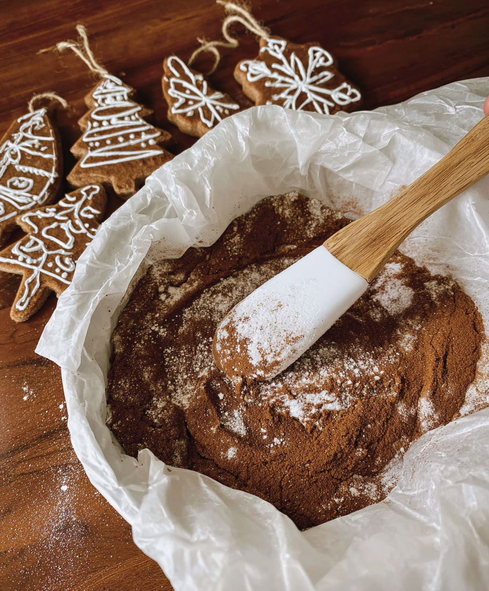 A wooden spoon is stirring a bowl of brown sugar.