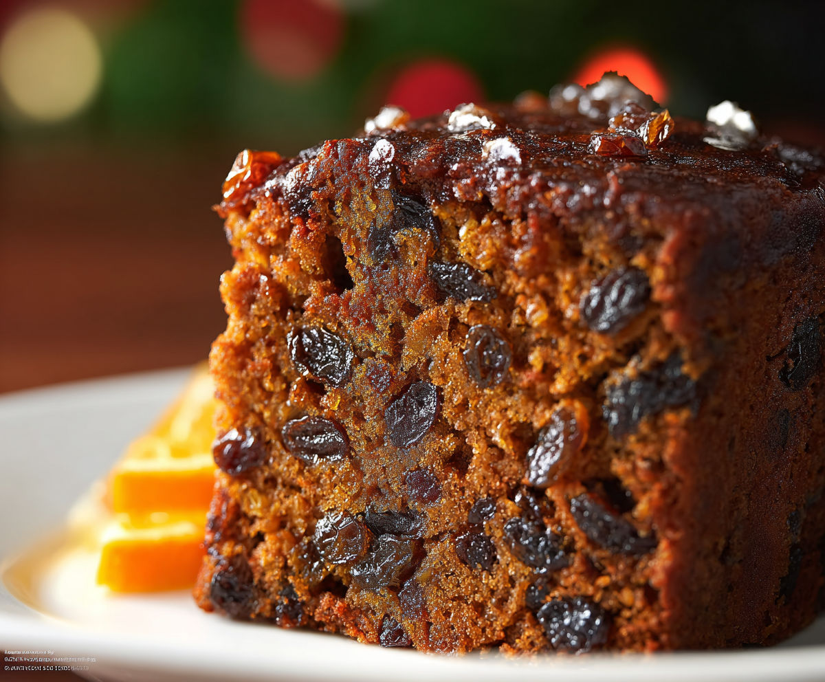 A slice of cake with raisins on a plate.