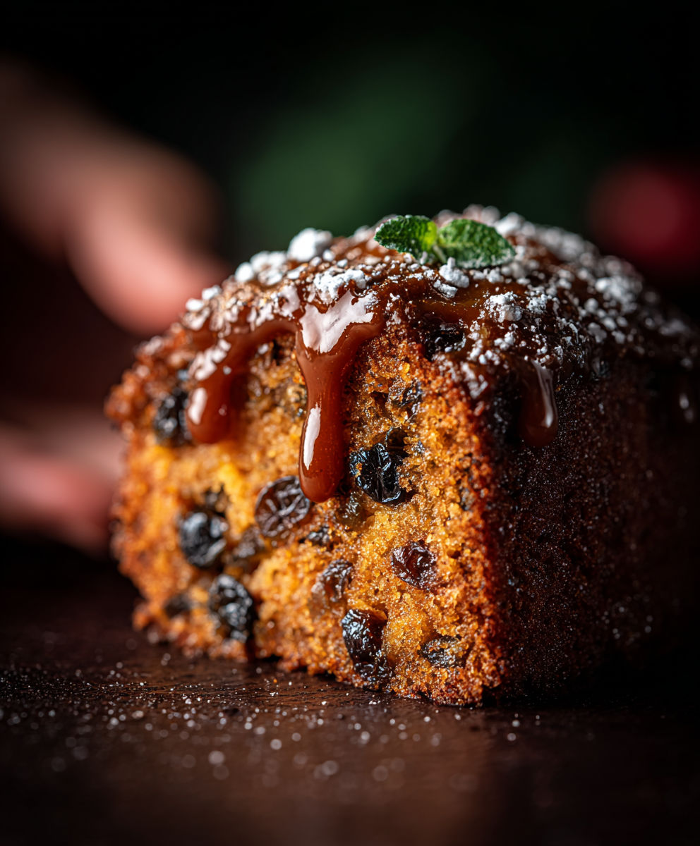 A slice of cake with chocolate drizzled on top.