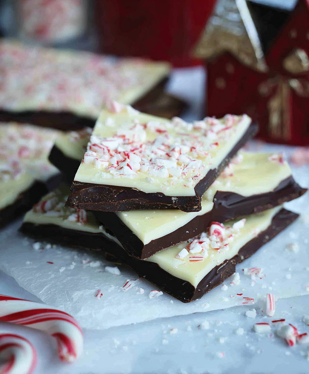A stack of chocolate and white squares with red and white sprinkles.