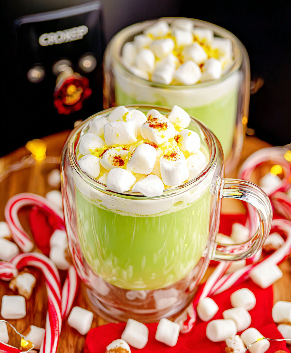 Two glasses of green drink with marshmallows on top.