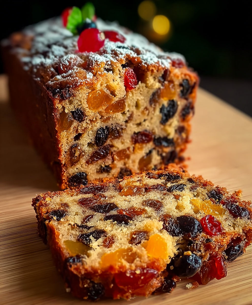 A slice of fruit bread with a cherry on top.