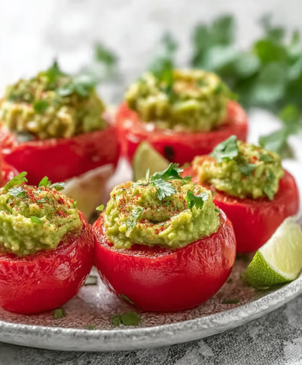 A plate of food with a tomato and a lime wedge.