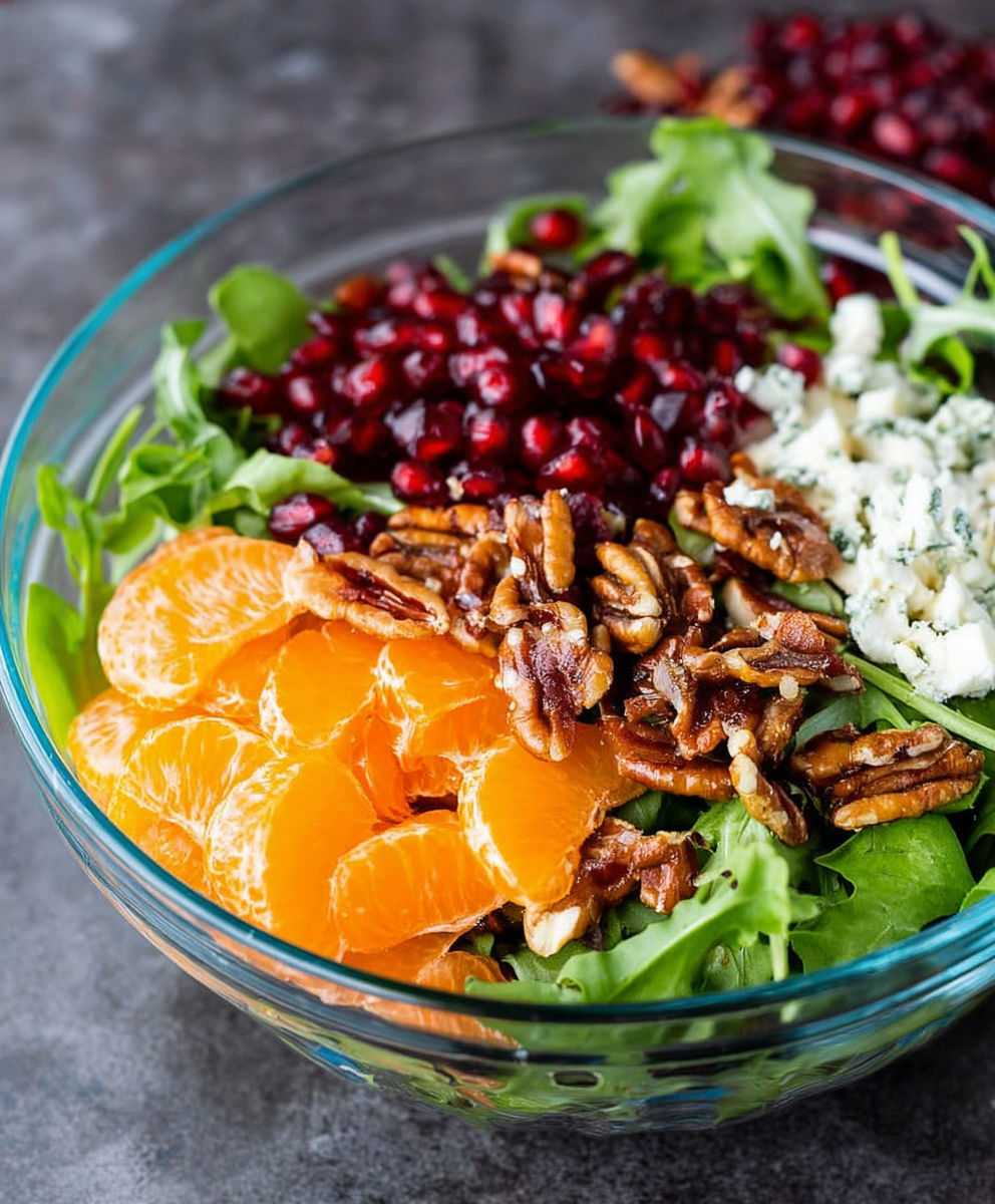 A bowl of salad with oranges, walnuts, and blue cheese.