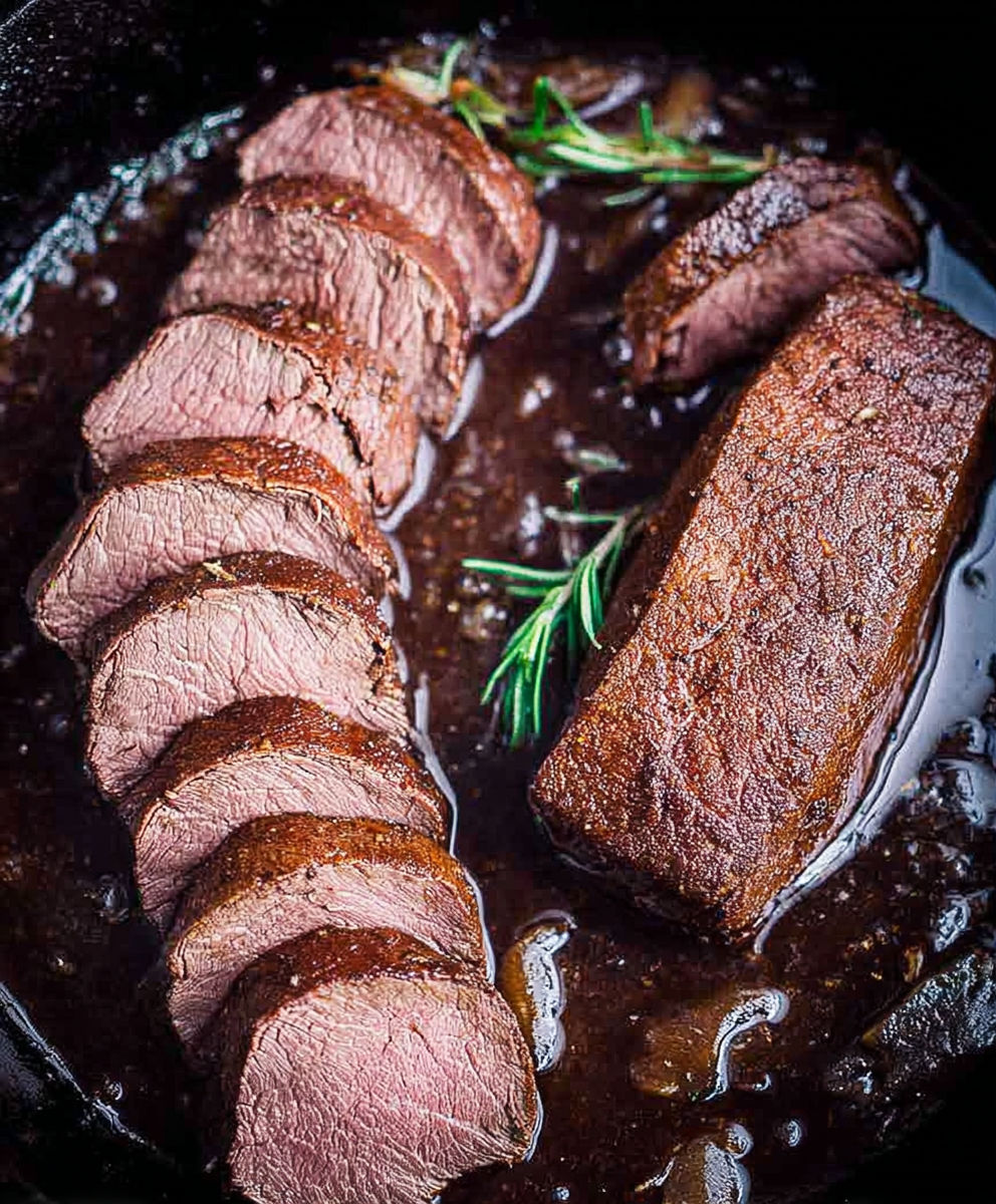 A close up of a piece of meat with a sprig of rosemary on top.