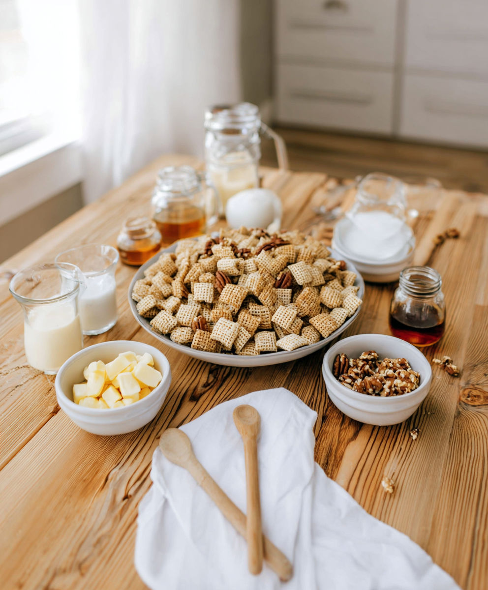 A table with a bowl of cereal, a bowl of butter, a bowl of nuts, and a jar of honey.