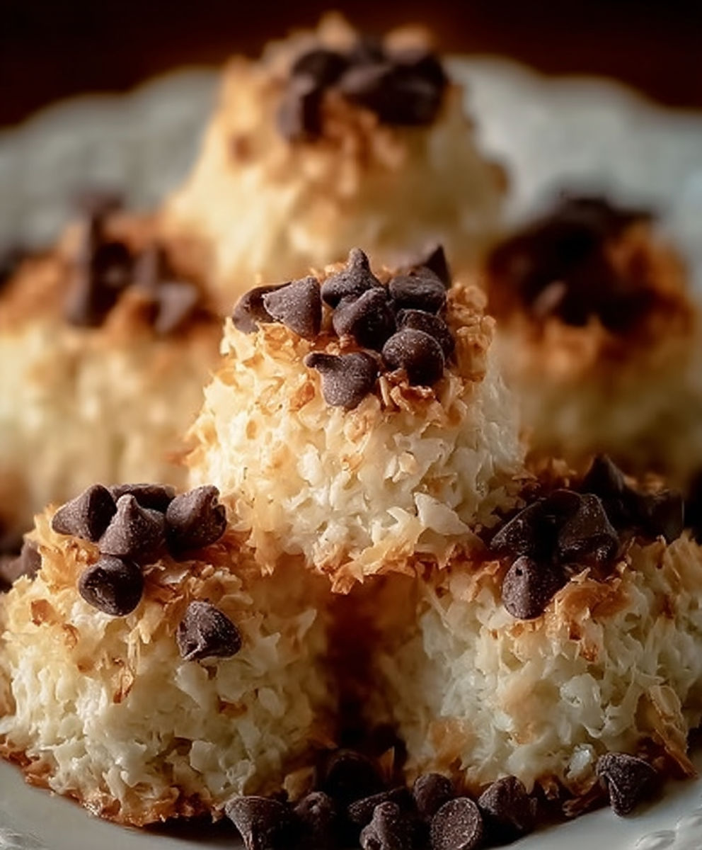 A stack of coconut cake with chocolate chips on top.