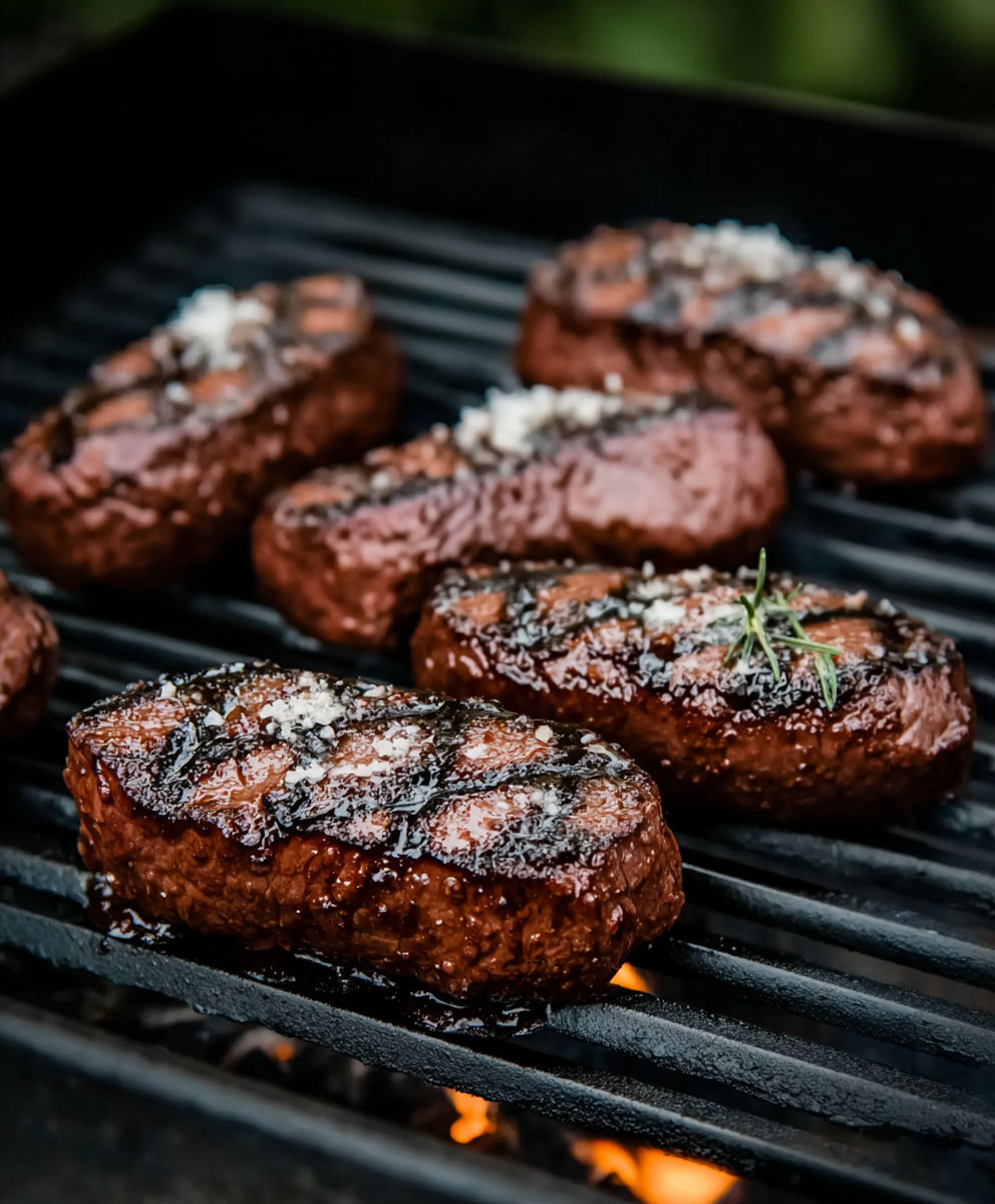 A close up of a grilled steak with salt and pepper.