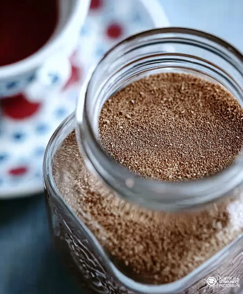 A jar of brown powder with a cup of tea next to it.