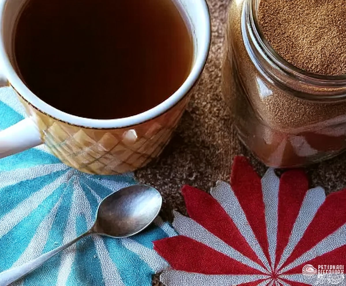 A cup of tea and a jar of sugar.