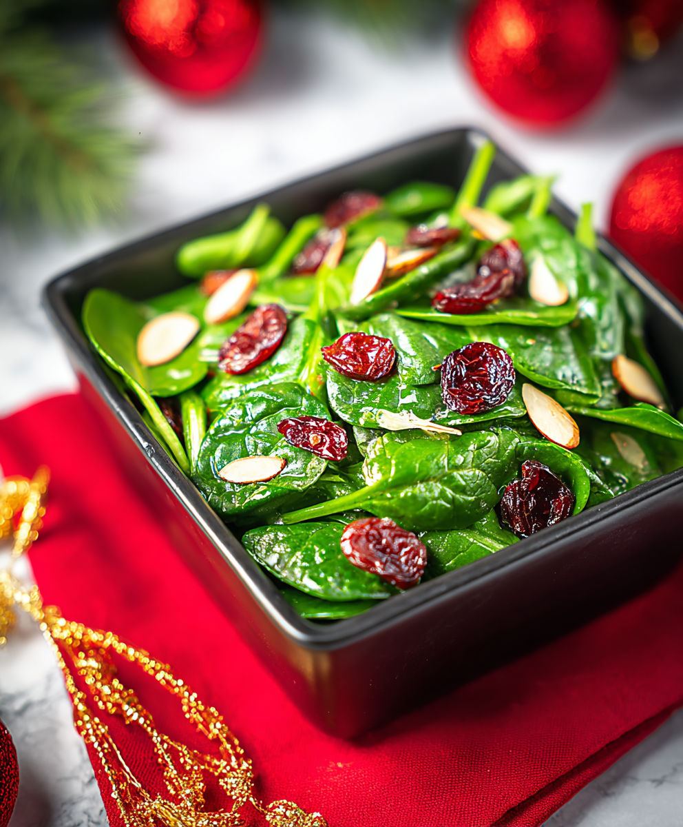 A bowl of greens with red berries and nuts.