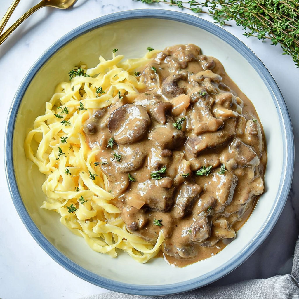 A bowl of pasta with mushrooms and sauce.