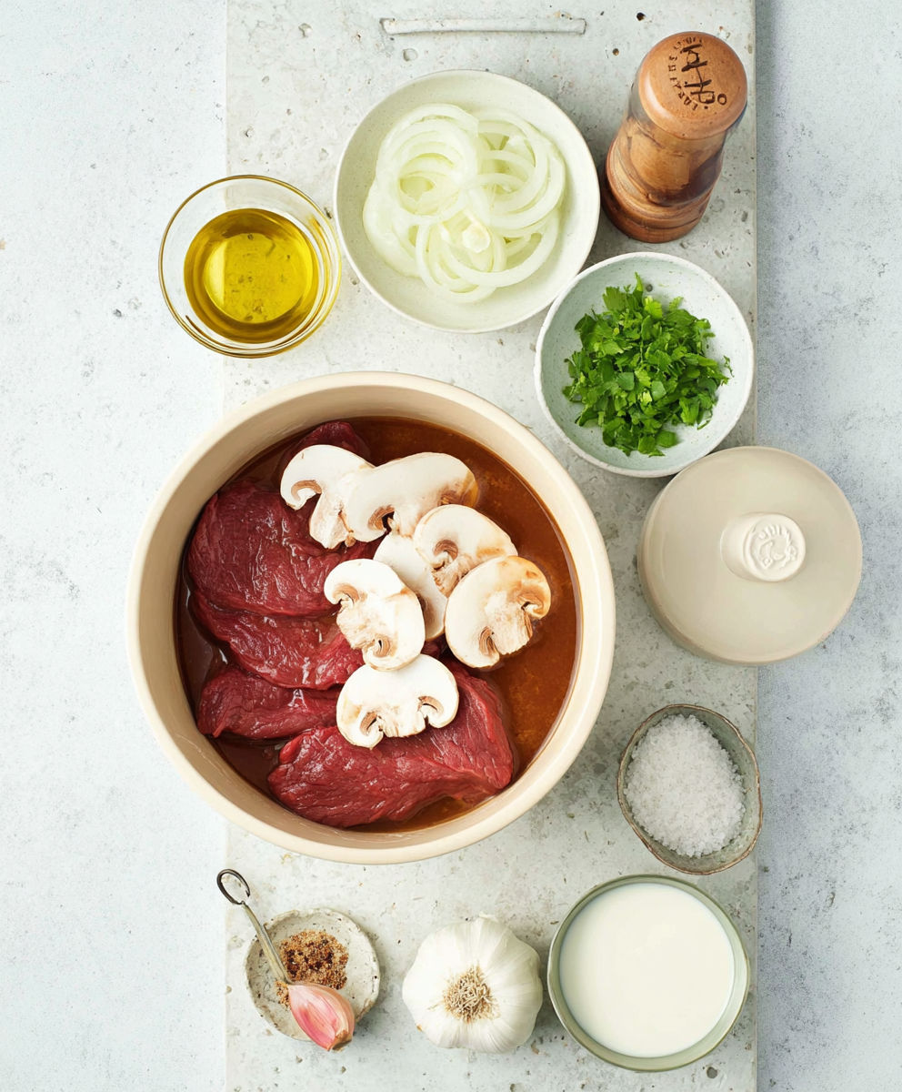 A bowl of meat with mushrooms and onions.