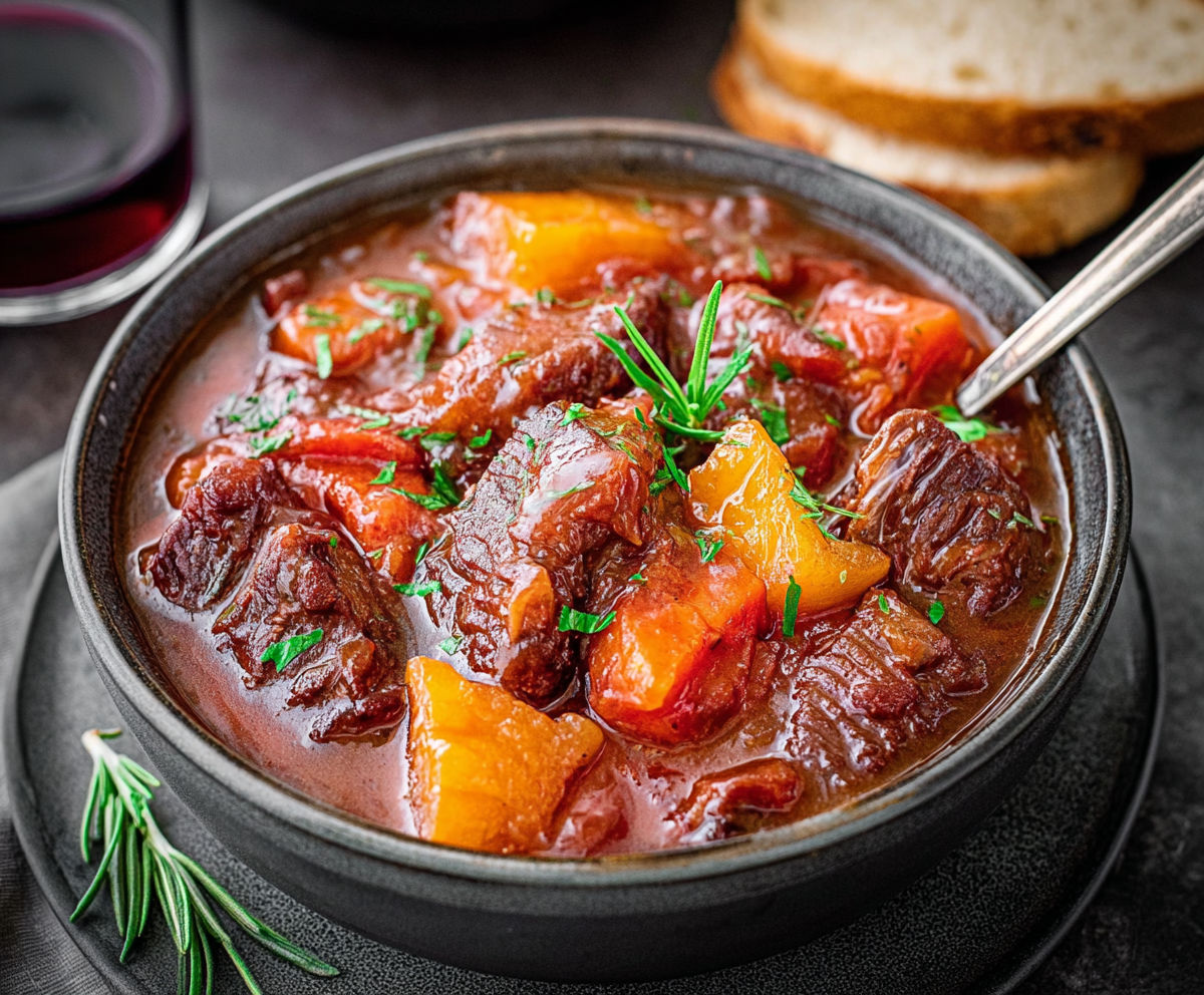 A bowl of stew with meat and vegetables.