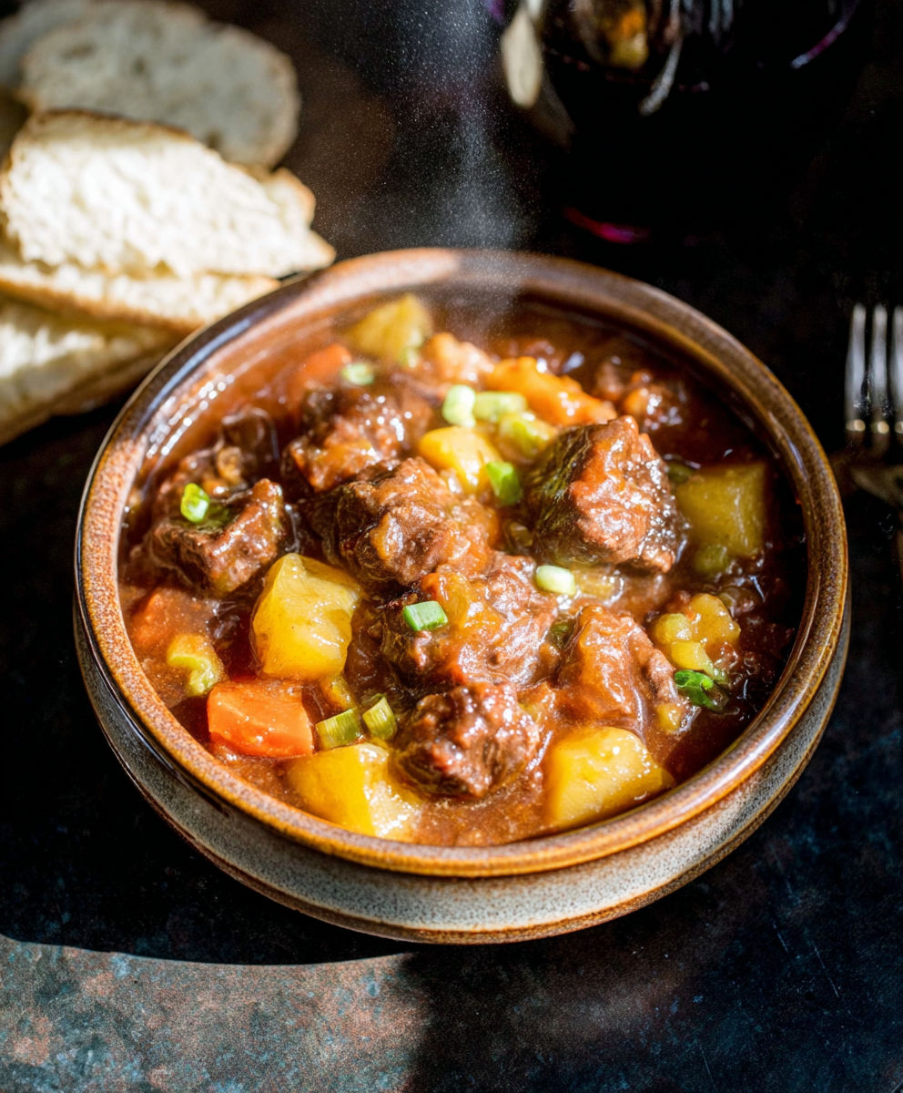 A bowl of stew with meat and vegetables.