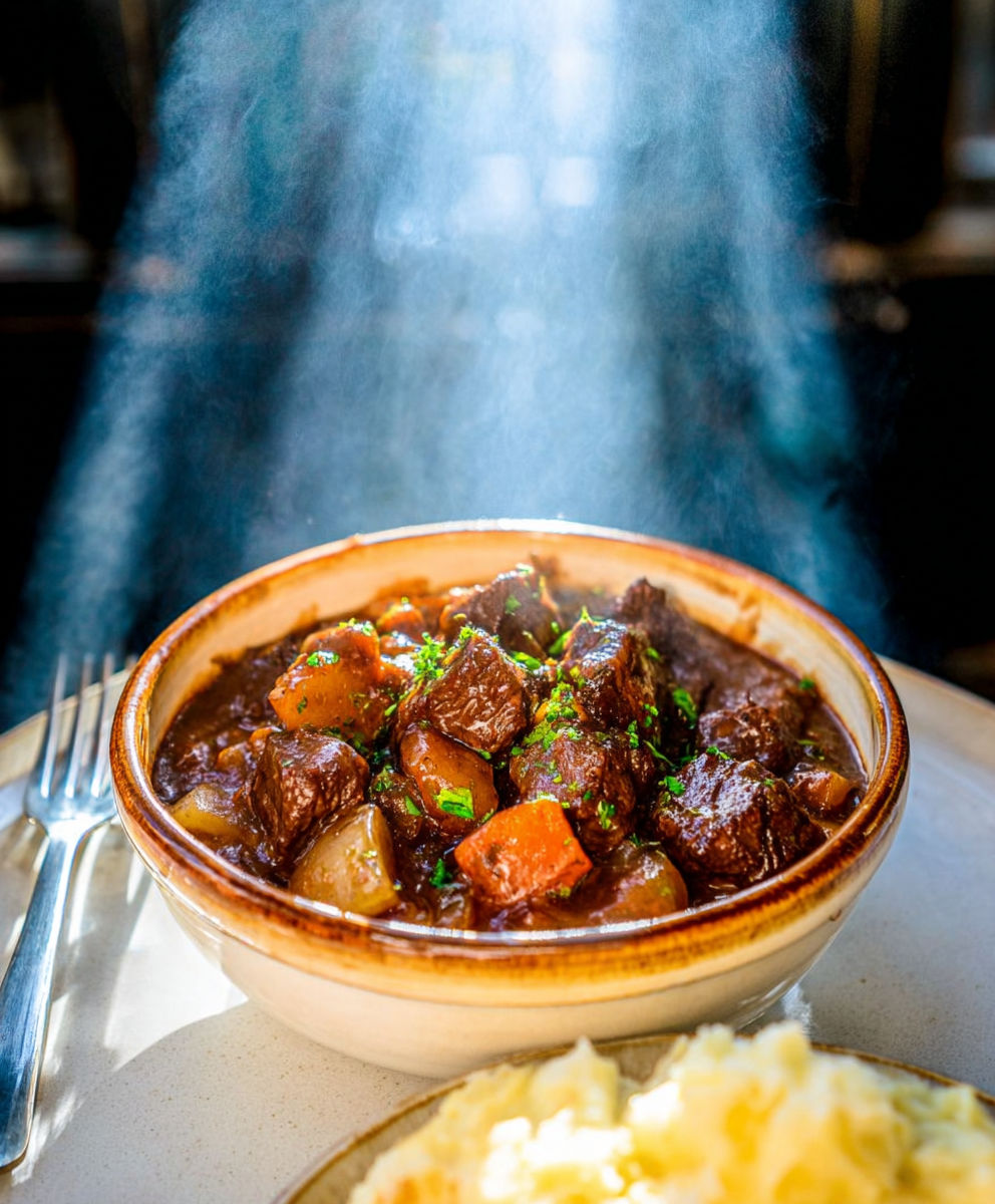 A bowl of meat and vegetables.