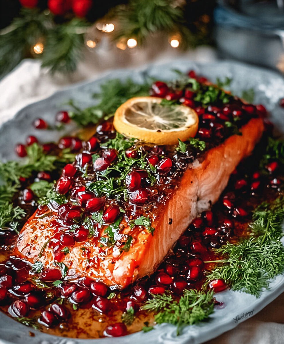 A plate of food with a salmon fillet and red berries.