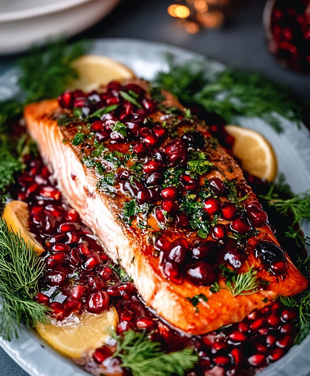 A salmon fillet with red onions and capers.