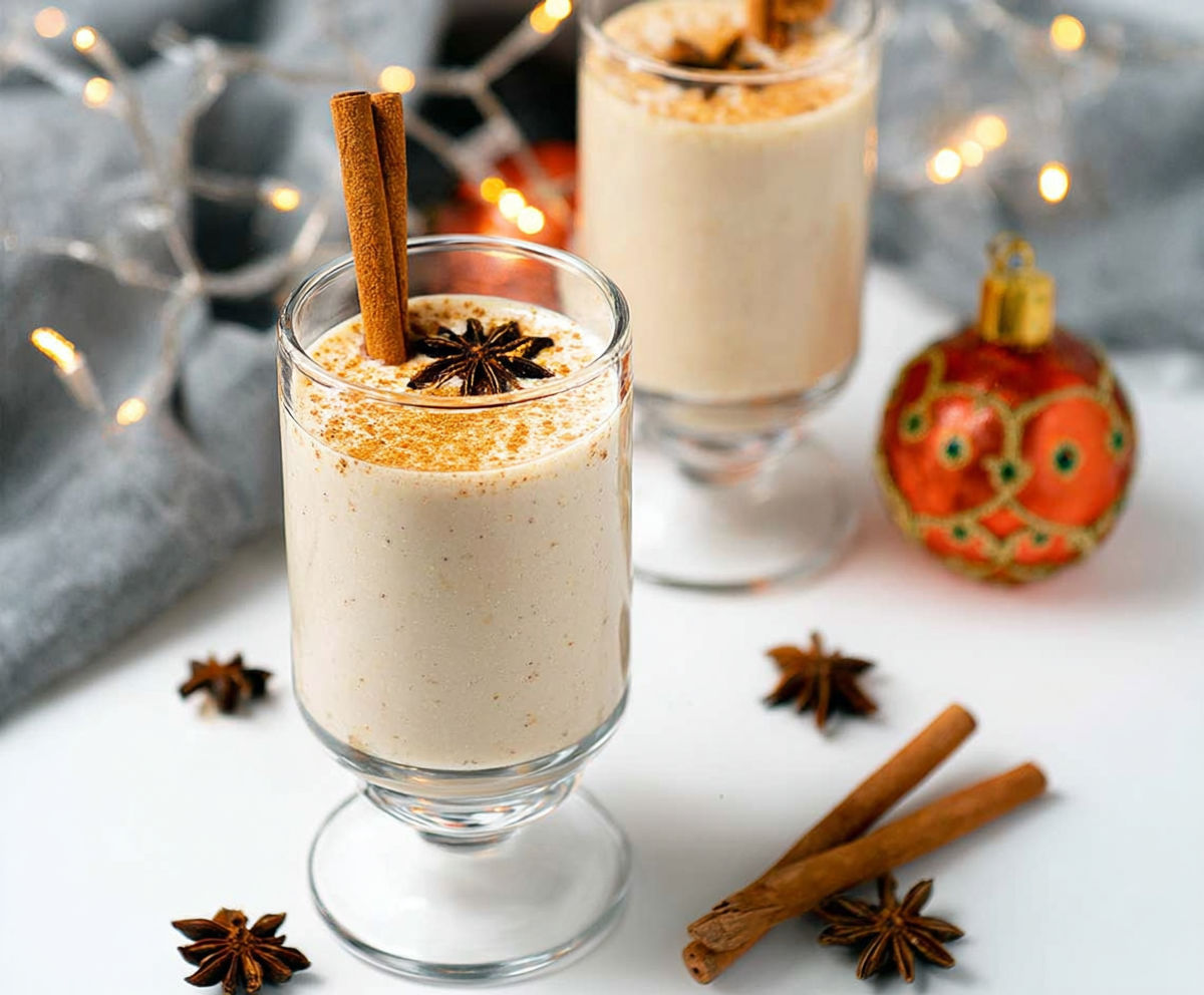 Two glasses of pumpkin spice drinks with cinnamon sticks in them.