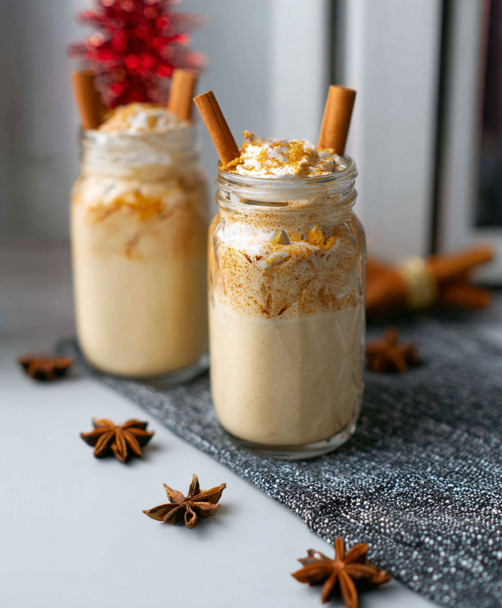 Two jars of pumpkin spice yogurt with cinnamon sticks in them.