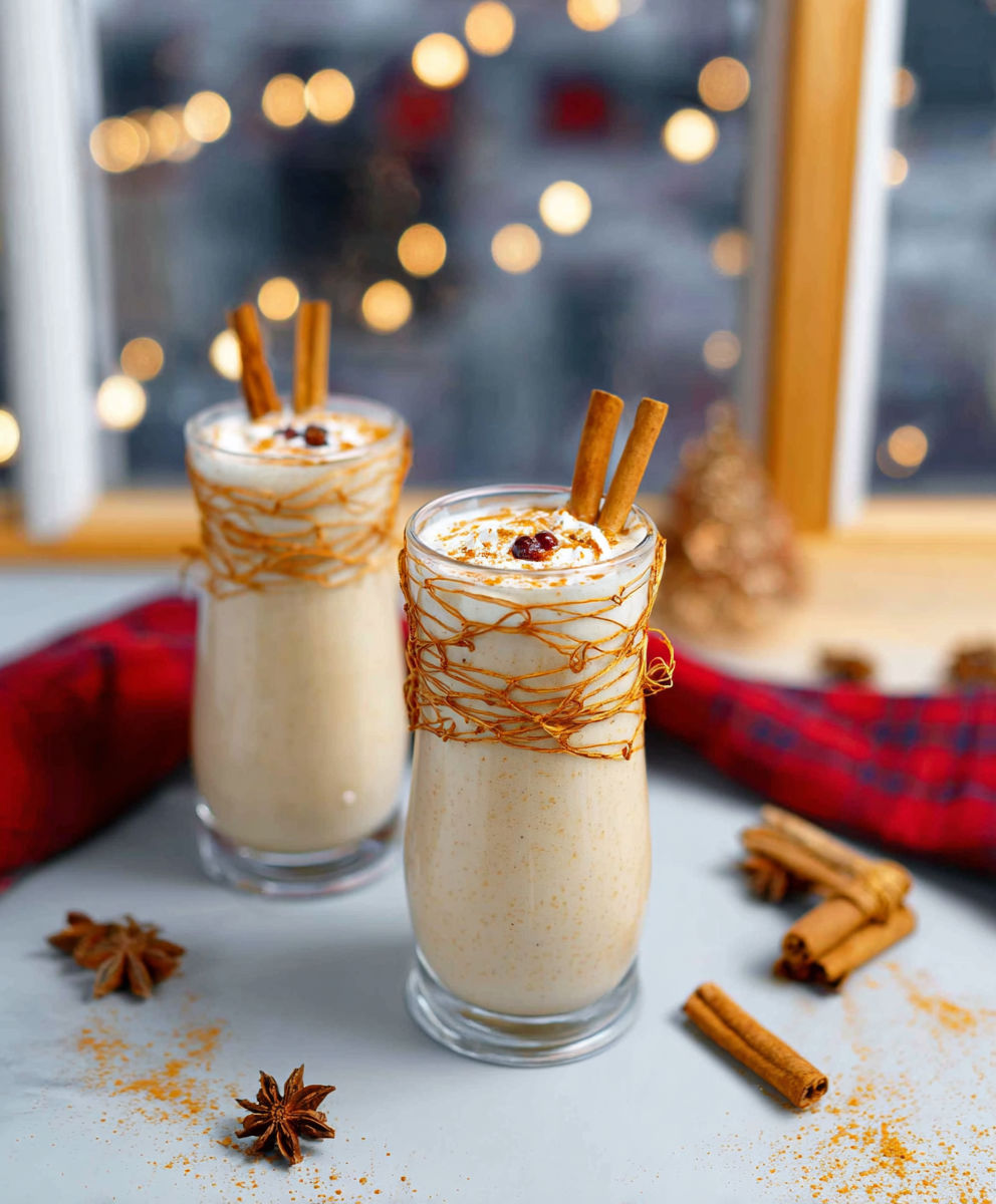 Two glasses of cinnamon flavored drinks.