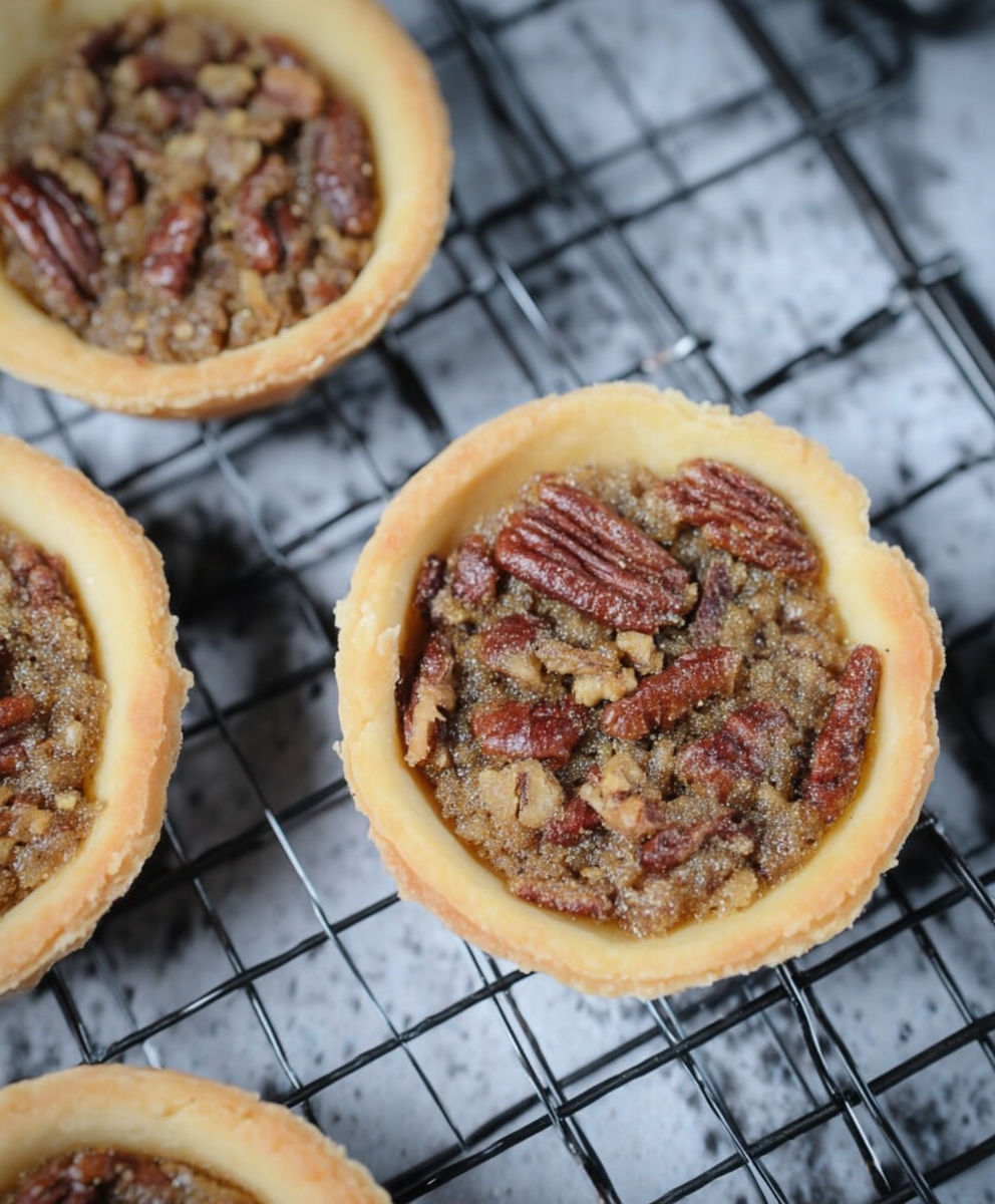 A close up of a pecan pie with a crumbly topping.