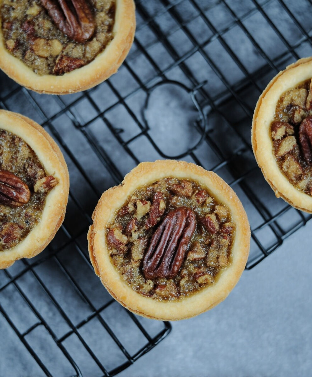 A close up of a pecan pie with a pecan in the center.