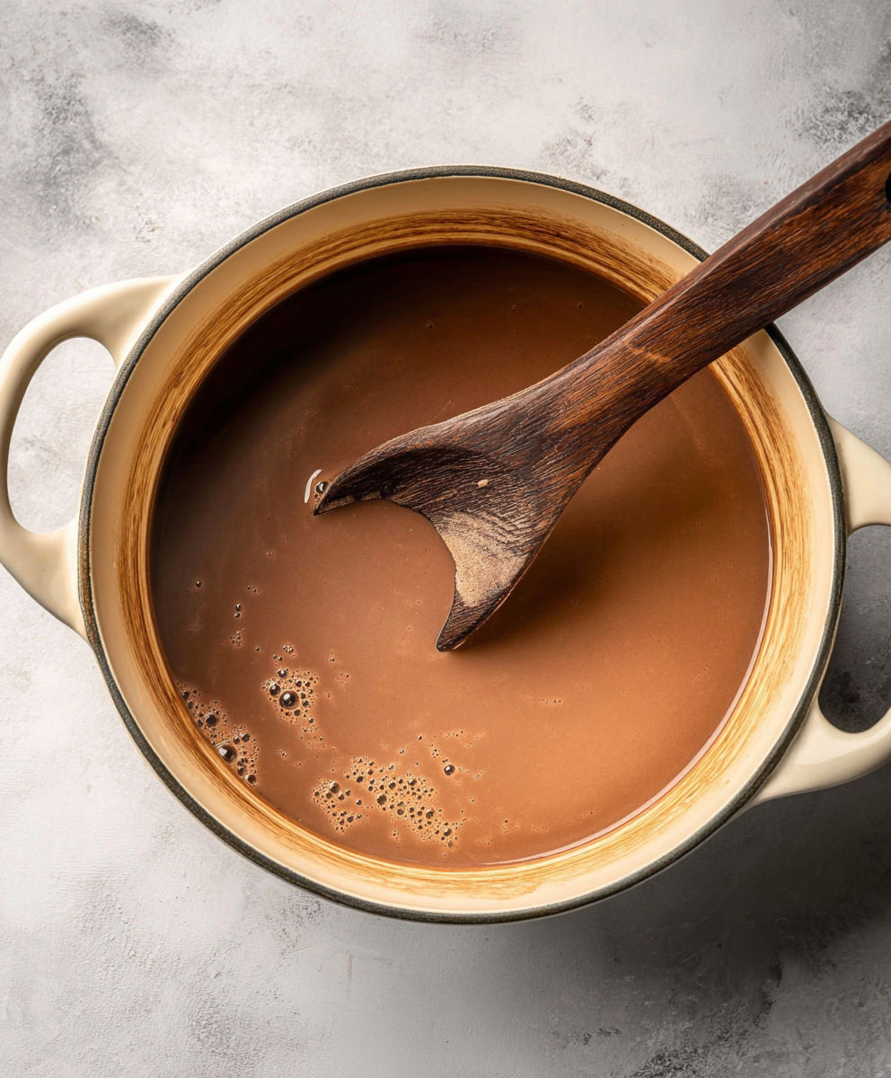 A wooden spoon in a bowl of chocolate.