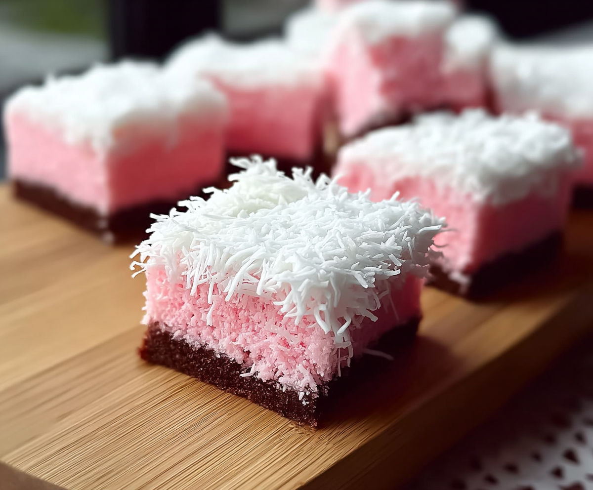 A dessert with white frosting and pink frosting on a wooden board.