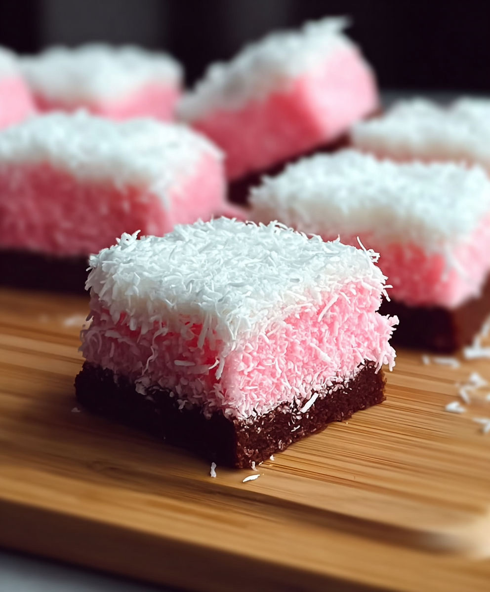 A square of cake with pink and white frosting.