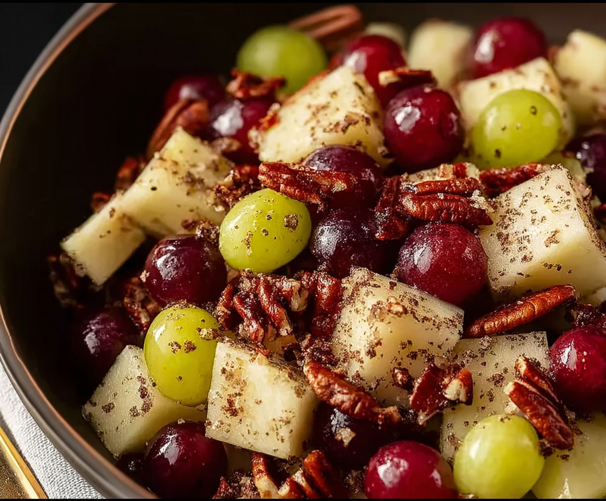 A bowl of fruit with grapes, apples, and nuts.
