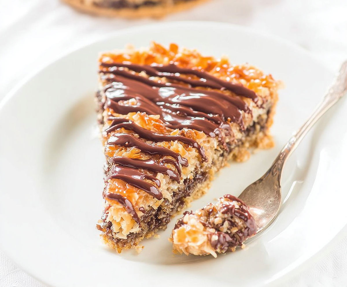 A slice of chocolate cake with chocolate drizzle.