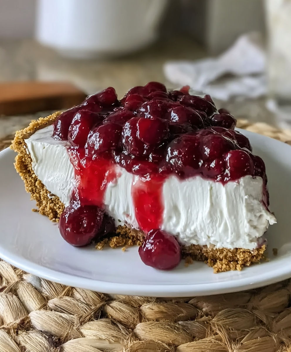 A slice of pie with cherries on top.