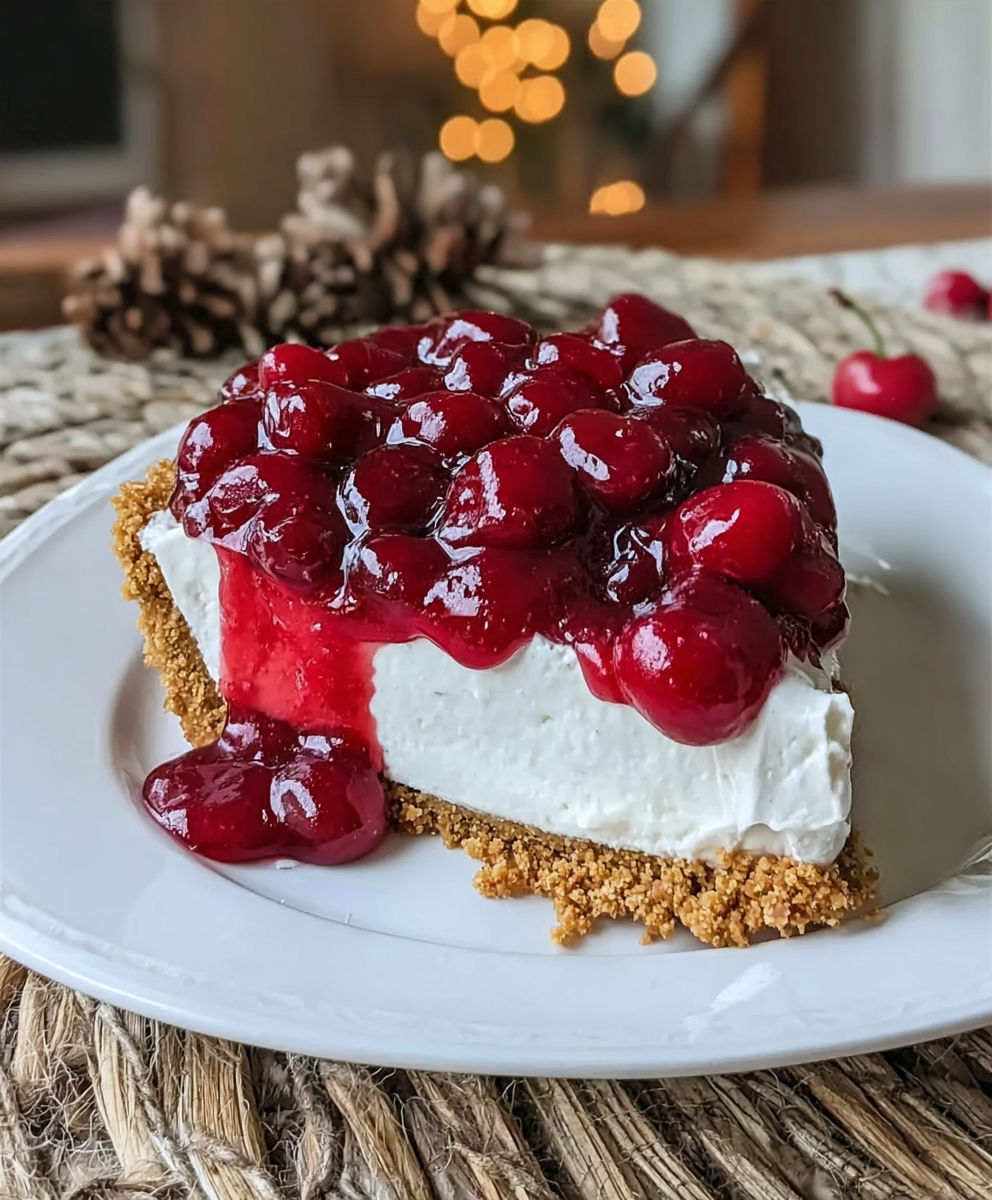 A slice of cherry cheesecake on a plate.