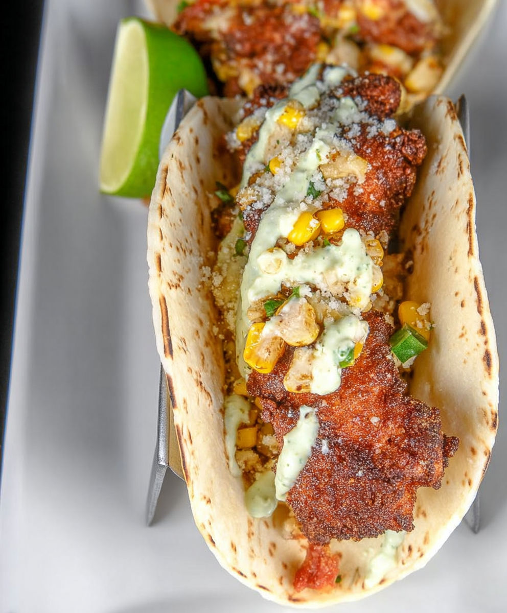 A plate of food with a taco and fish.