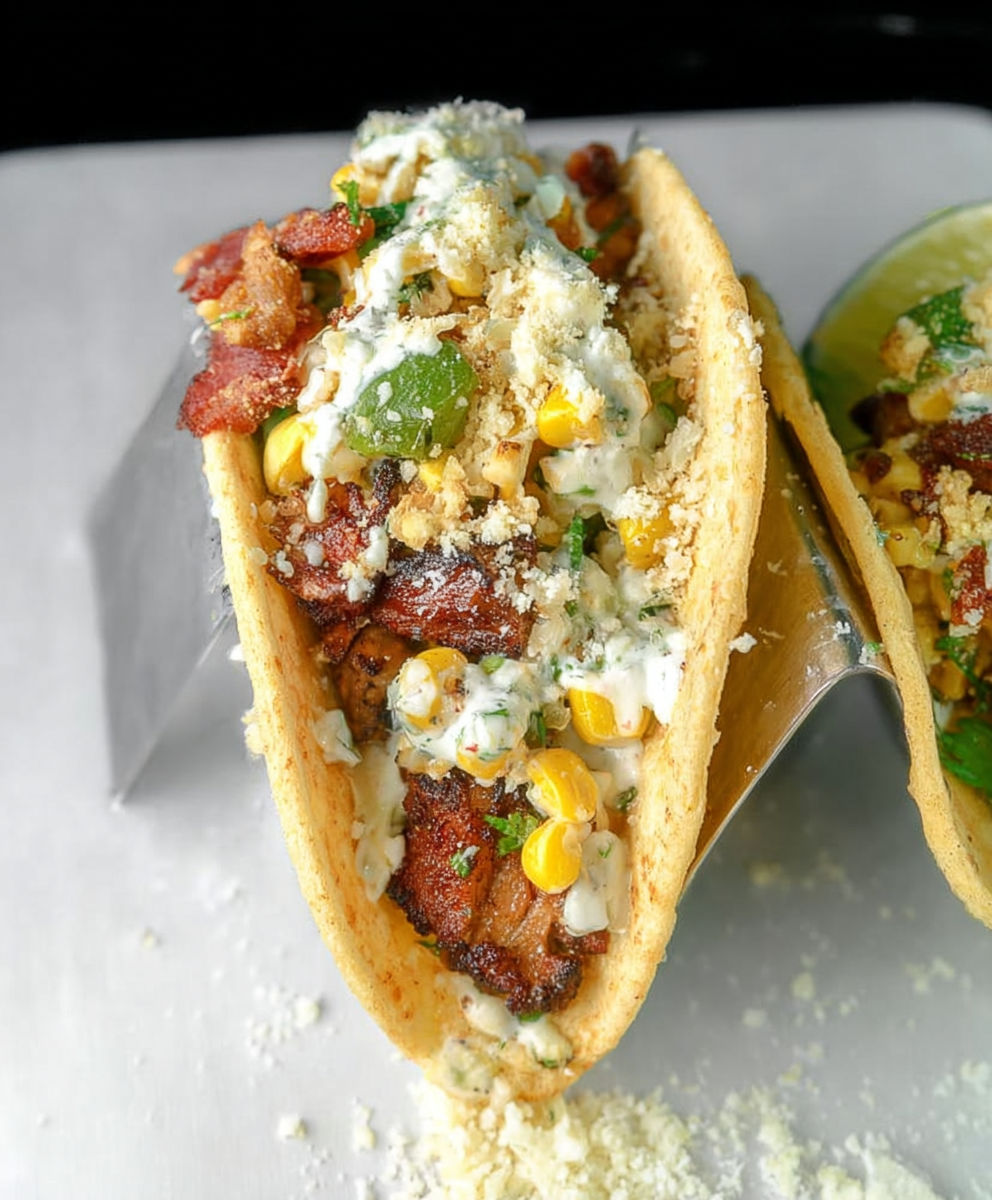 Two tacos with meat and cheese.