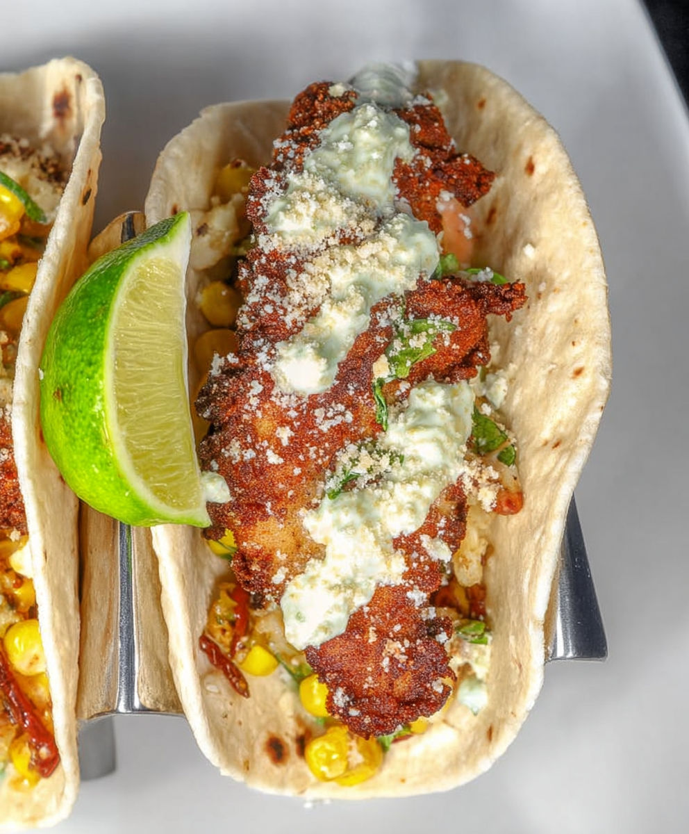 A plate of food with a fish taco and a lime wedge.