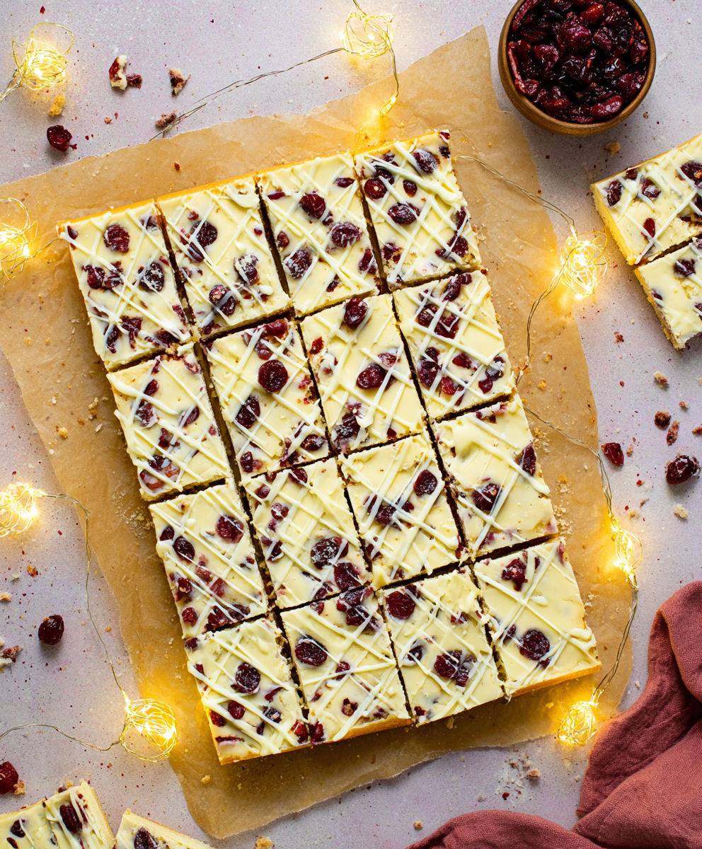 A close up of a dessert with white icing and red fruit.
