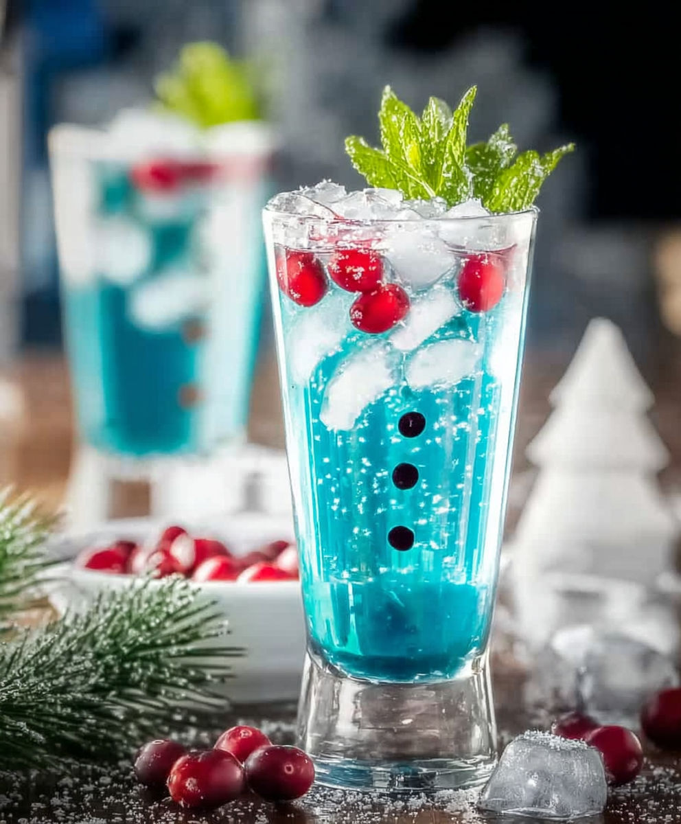 A blue drink with a strawberry and mint garnish.