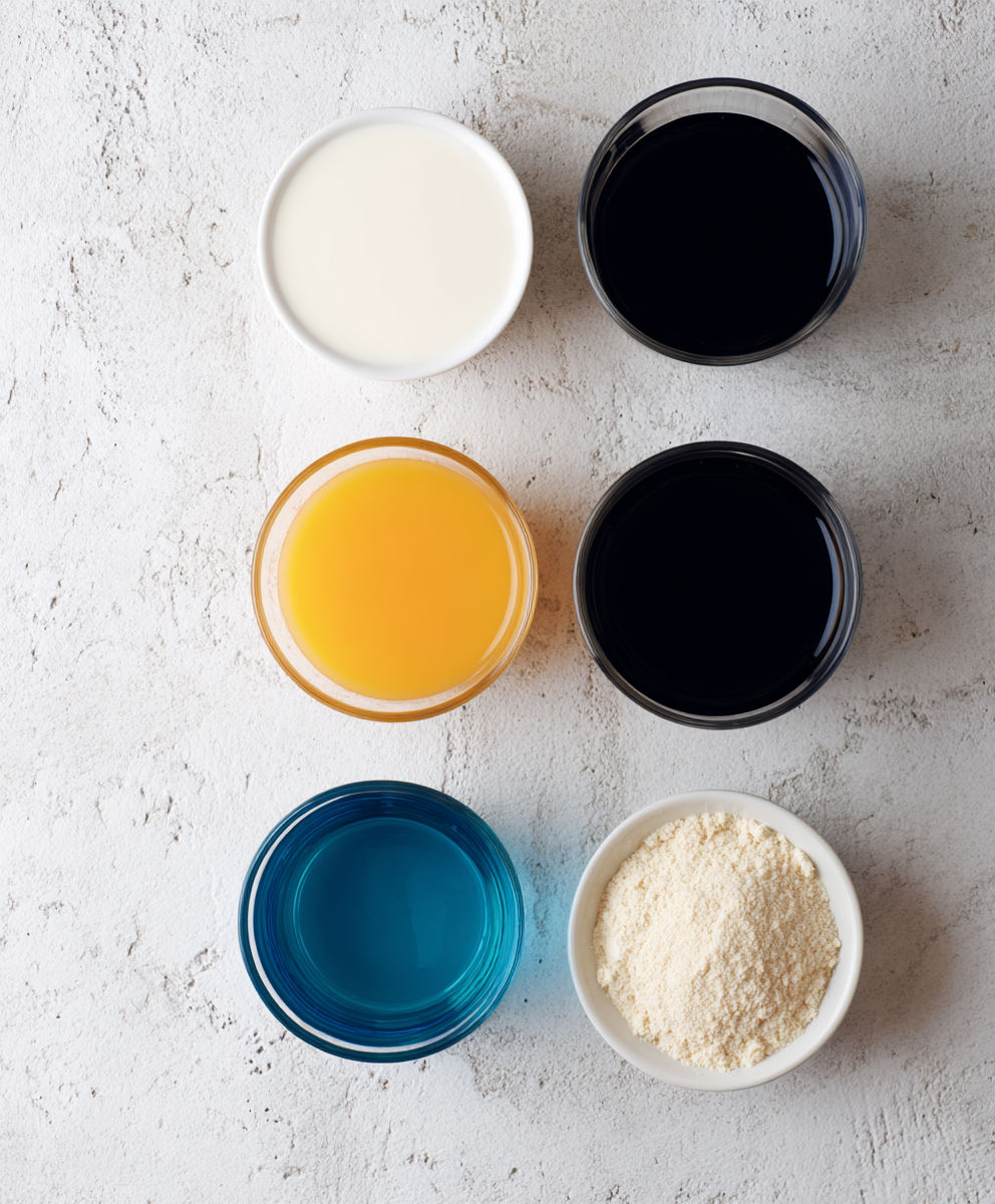 A bowl of black liquid sits next to a bowl of white liquid.