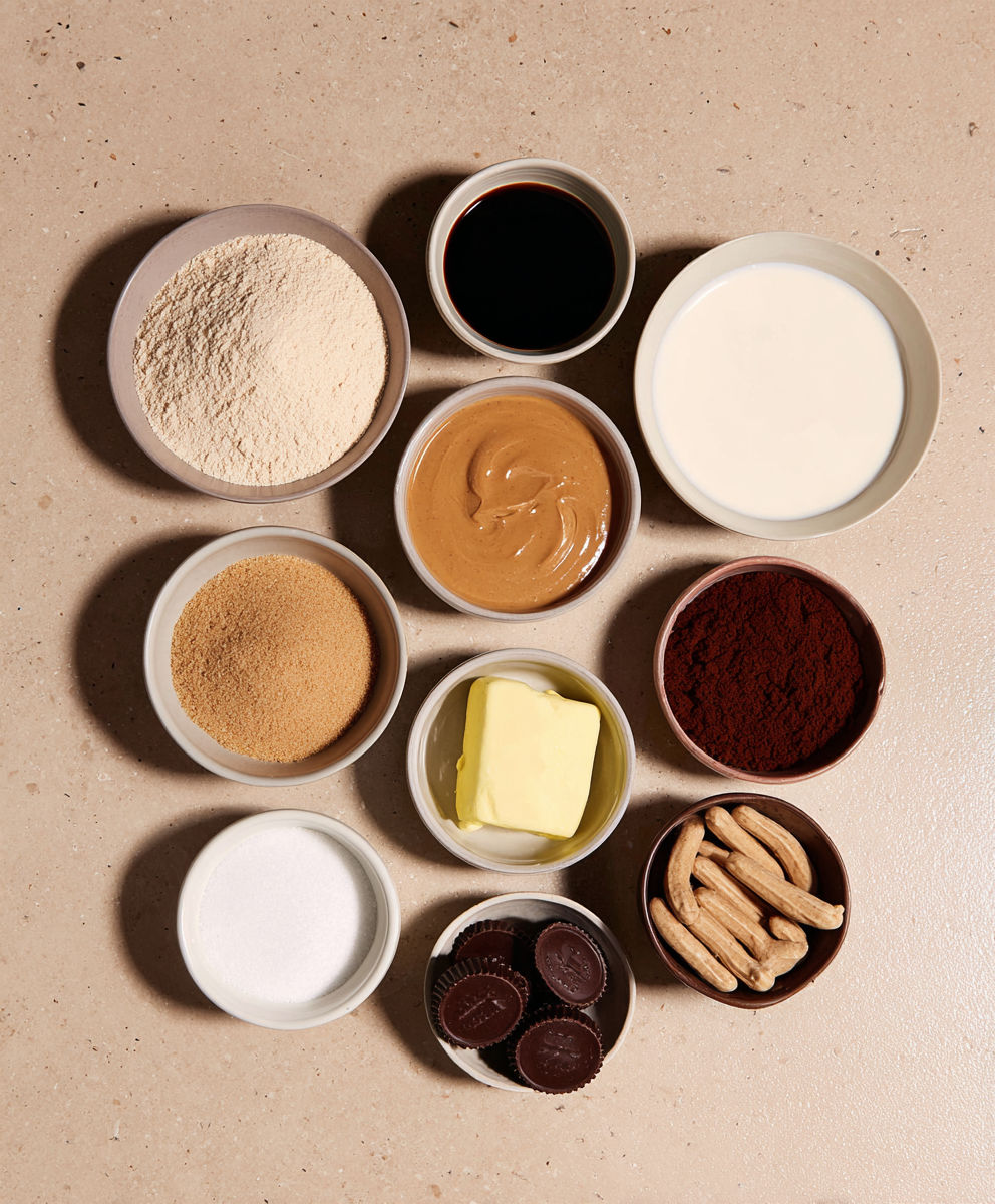 A variety of food items are displayed in a circle.