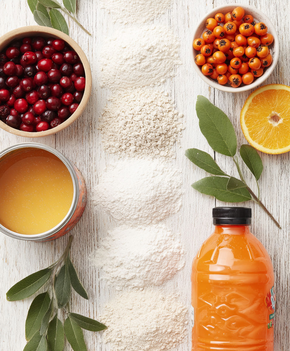 A can of orange juice is on a table with other food items.