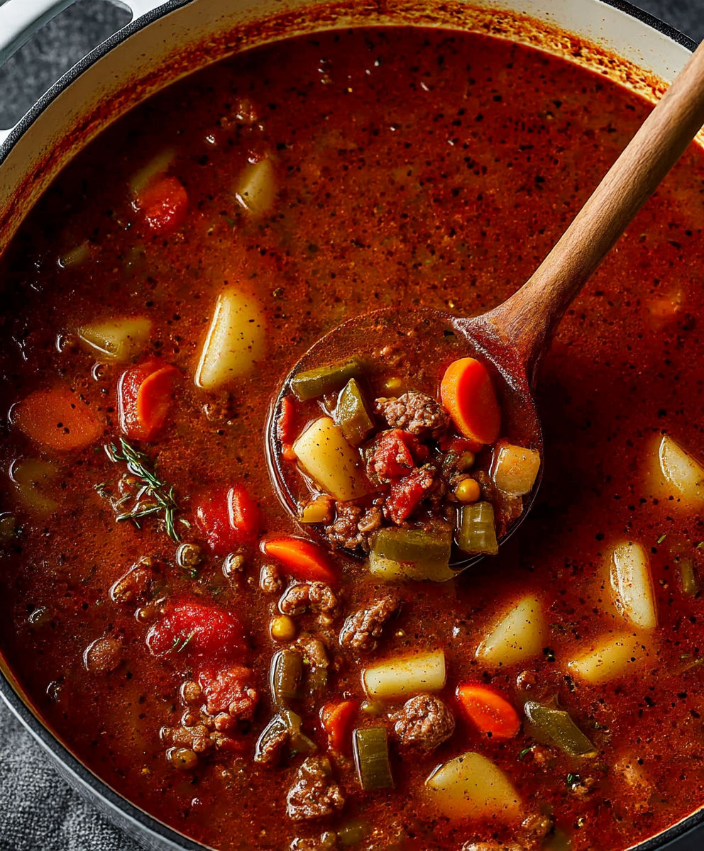 A wooden spoon in a bowl of soup.
