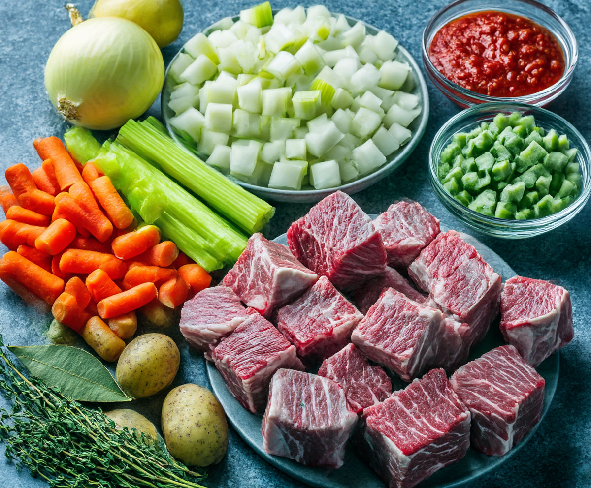 A plate of raw meat and vegetables.
